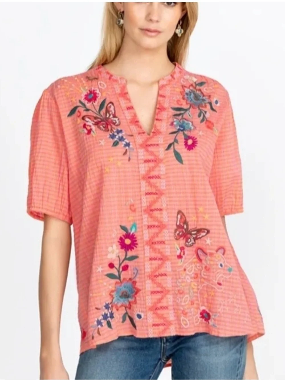 Johnny Was Olinda Puff Sleeve Embroidered Floral V-Neck Top Blouse